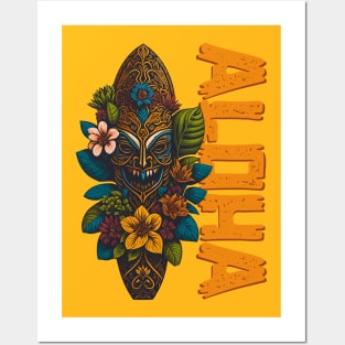 Aloha Hawaii Surfboard floral splash Tiki mask Posters and Art